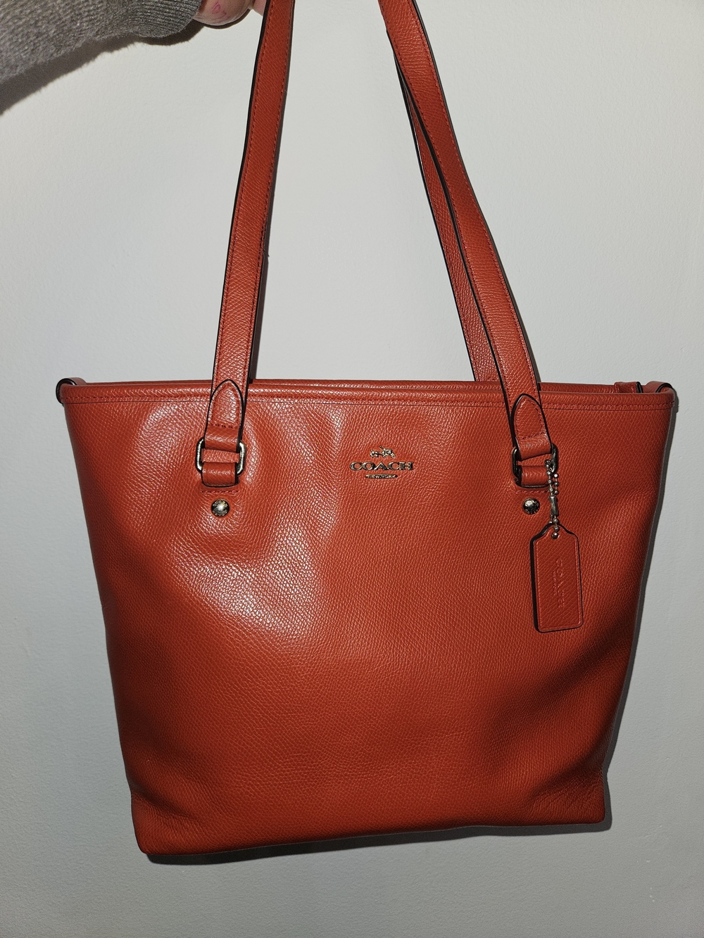 Coach Pebbled Leather Tote Bag in Orange/red Color